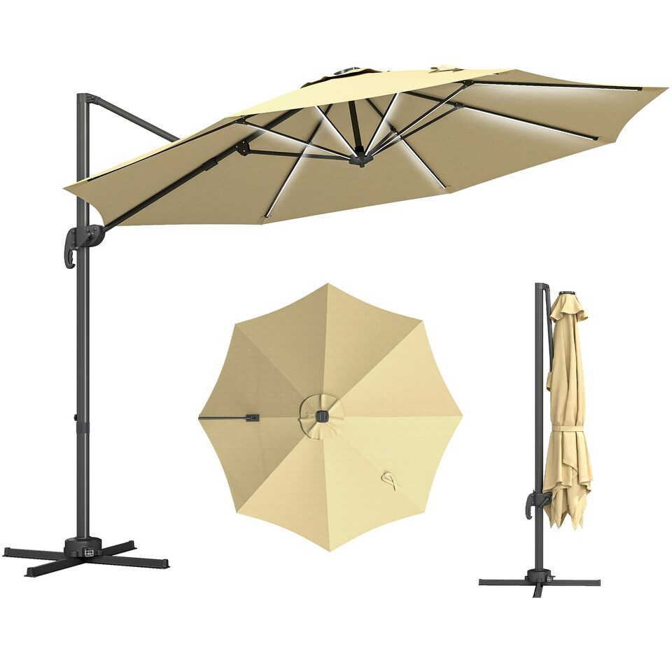 image 1 of Outsunny 3(m) Solar LED Cantilever Parasol Adjustable Garden Umbrella Dark Grey