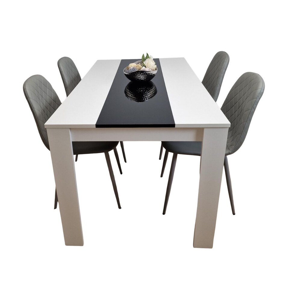 image 1 of Dining Table Set White And Black Table With 4 Grey Gem Pattern Chairs Dining Room Furniture