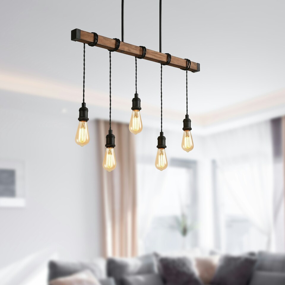 image 1 of Foxton - Wood 5 Light Hanging Bar Pendant Black | Brown