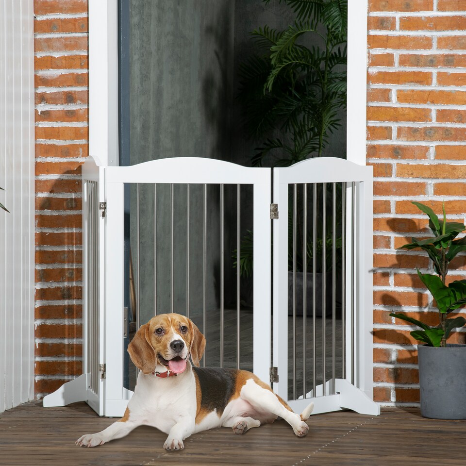 image 1 of PawHut Foldable Dog Gate, Freestanding Pet Gate with Two Support Feet