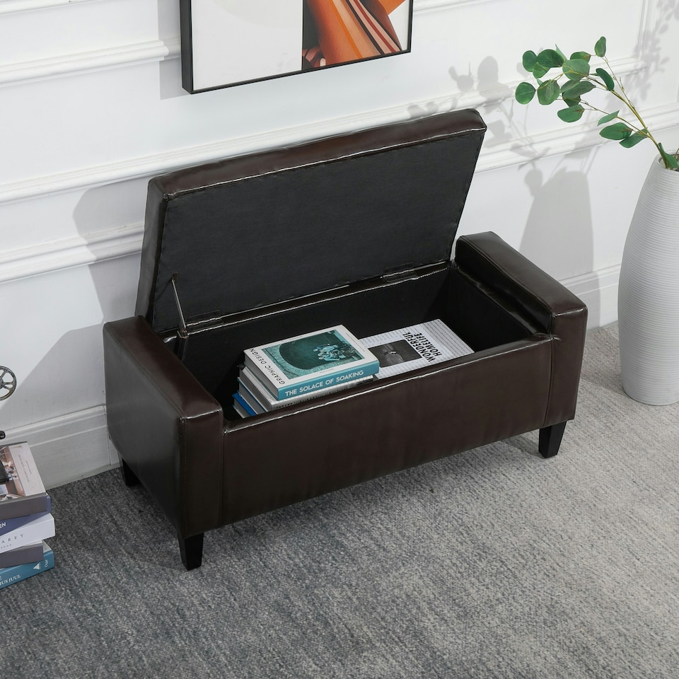 image 1 of HOMCOM 40x90cm PU Leather Storage Ottoman Bench Wood Frame w/ Tufting Feet Brown
