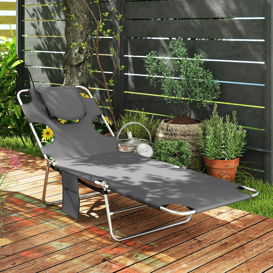 image 1 of Outsunny Foldable Sun Lounger 5 Level Adjustable Reclining Chair Dark Grey