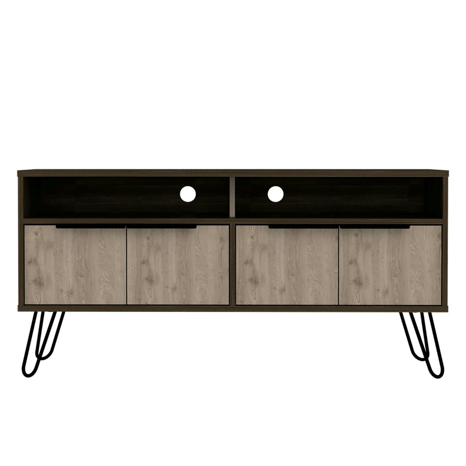 image 1 of Nevada Smoked Oak Wide 4-Door TV Unit - Modern Media Cabinet with Storage, Shelves, and Hairpin Legs | Brown | Brown | 1