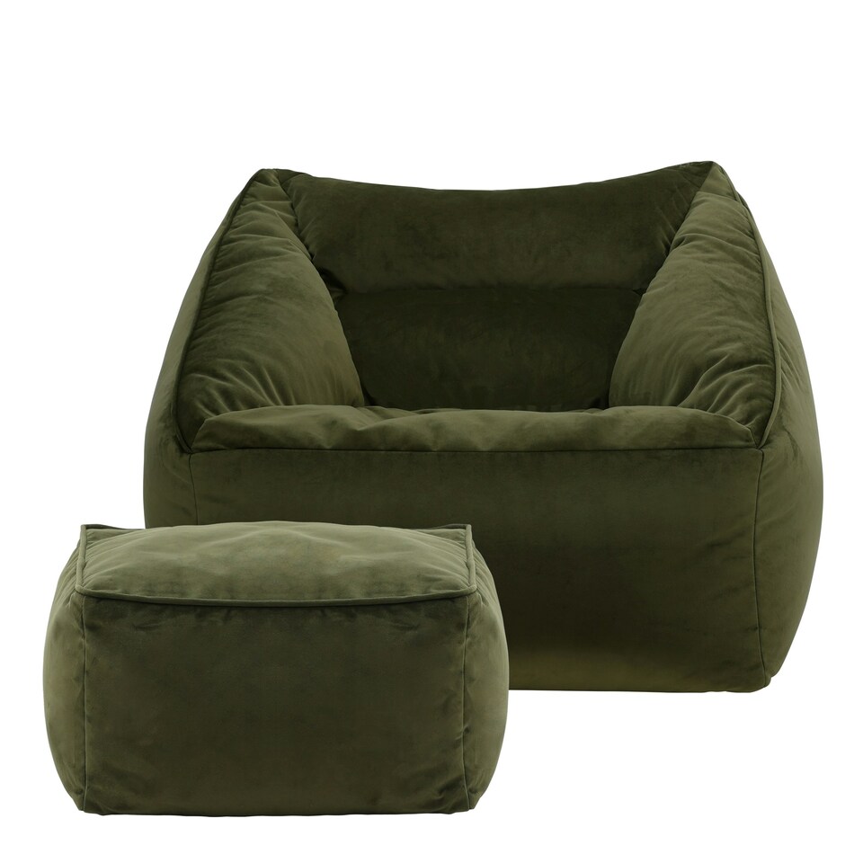 image 1 of icon Natalia Velvet Adults Bean Bag Armchair and Pouffe, Ready Filled Large Beanbag and Footstool Olive Green Green | Green