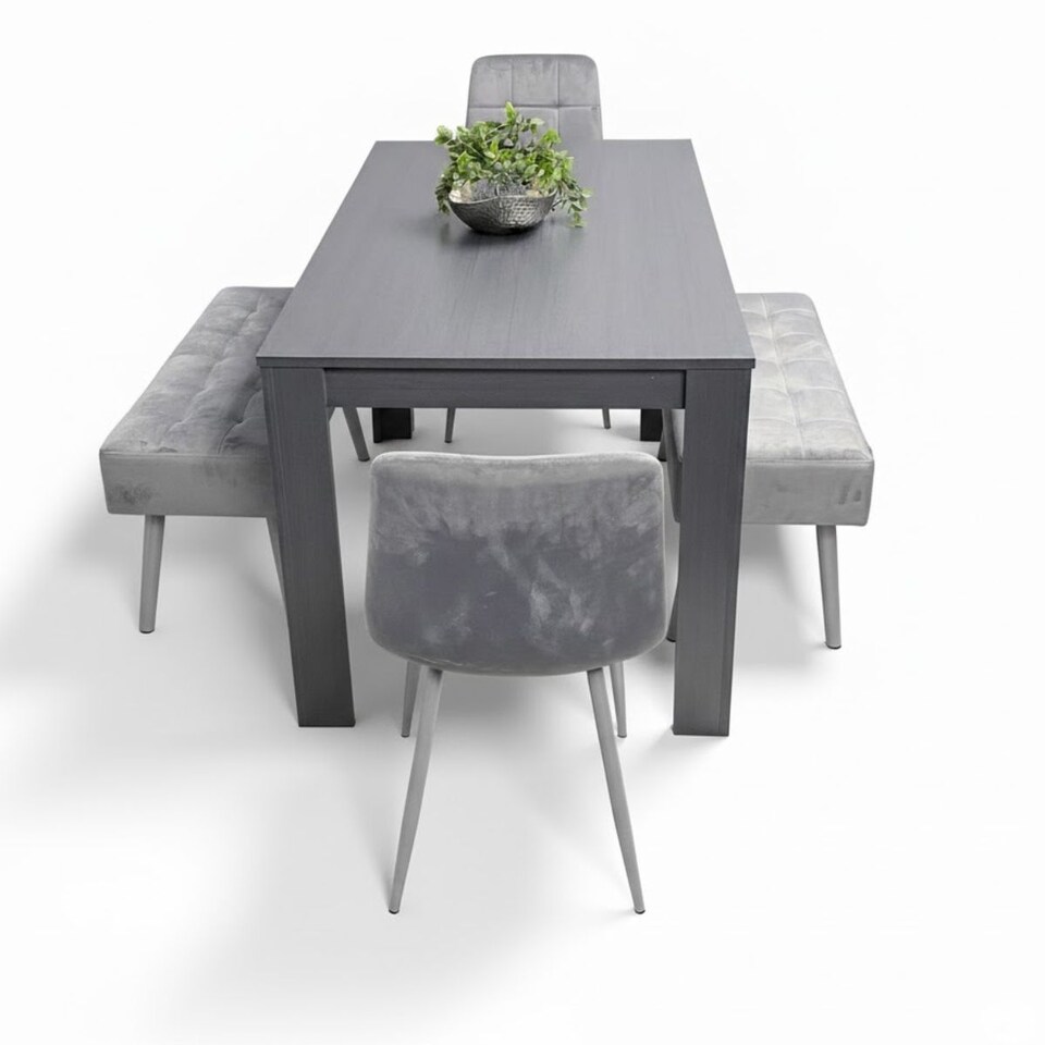 image 1 of Dining Table with 4 Chairs and 2 Benches Dark Grey Wood Table Grey Velvet Chairs