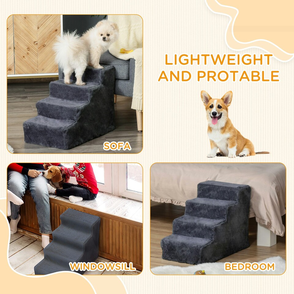 image 1 of PawHut Four-Step Portable Dog Stairs with Washable Plush Cover, Dark Grey