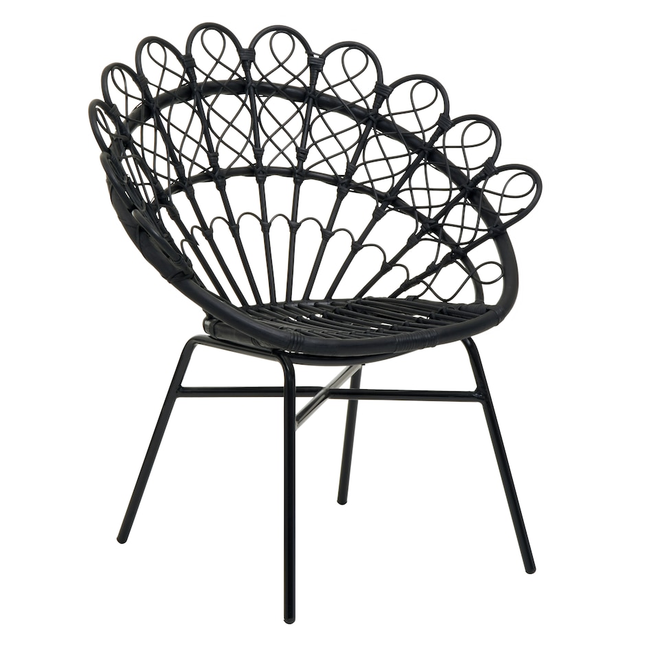 image 1 of Interiors by Premier Black Rattan Round Peacock Chair, Unique Chair with Metal Legs, Rattan Dining Chair, Rattan Outdoor Chair Black