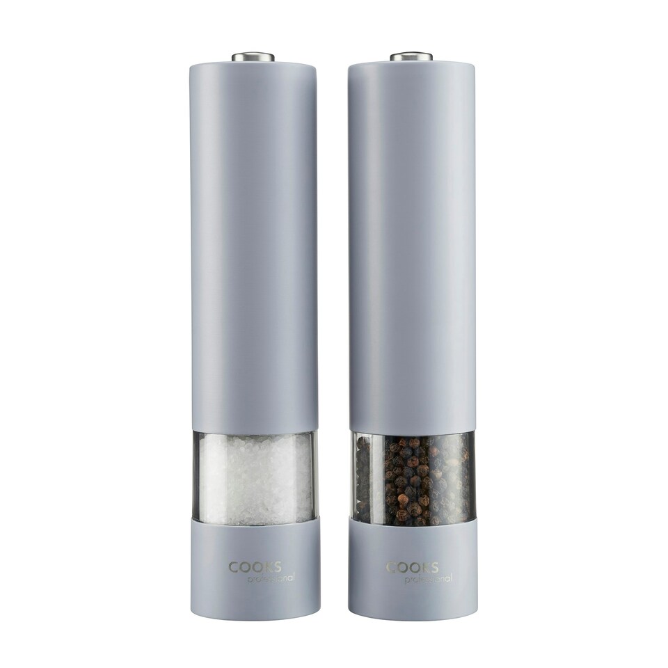 image 1 of Cooks Professional Electric Salt & Pepper Mill Set with Bamboo Base | Adjustable Grind Settings | Simple One-Button Operation | Matt Grey / Bamboo