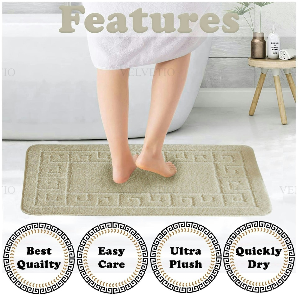 image 1 of VELVETIO Greek Bath Mat & Pedestal Mat Water Absorbent Non Slip Toilet Rugs Cream