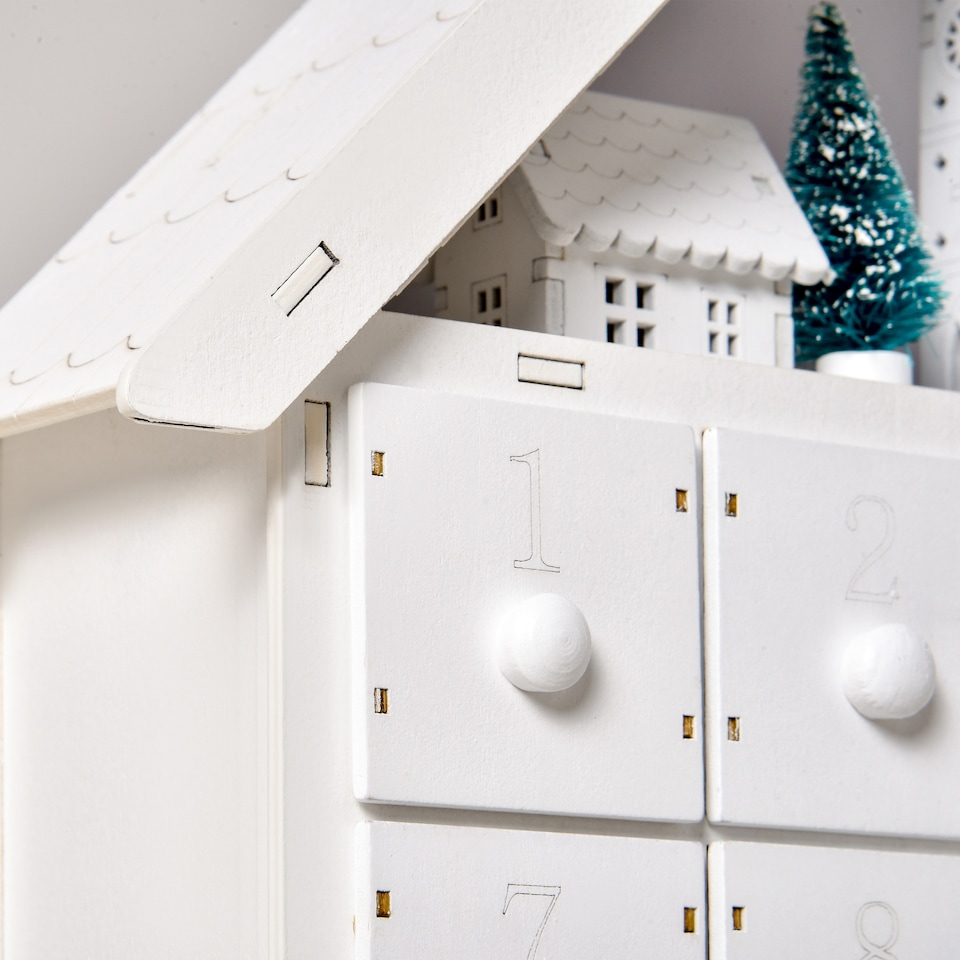 image 1 of HOMCOM 24Drawer Christmas Advent Calendar, Wooden LightUp Traditional Decoration, Adults Kids Countdown Holiday House w Lights Handle White
