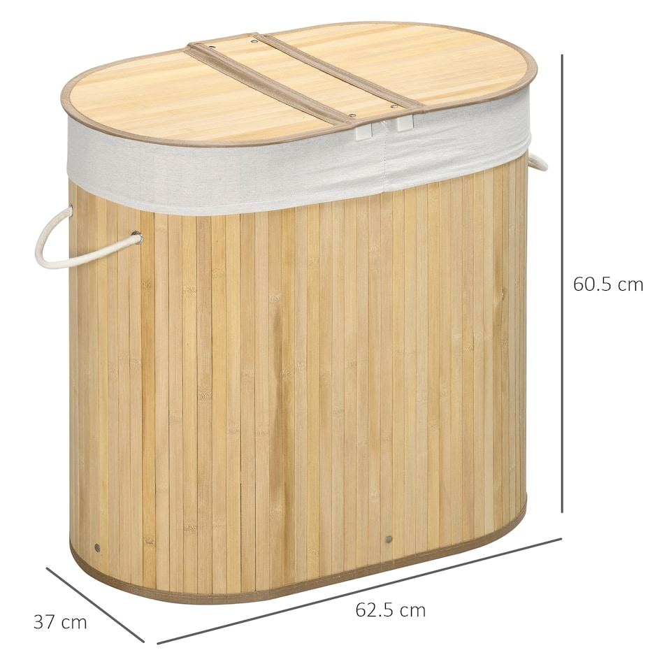 image 1 of HOMCOM Bamboo Laundry Basket with Lid, 100 Litres Laundry Hamper with 2 Sections, Removable Washable Lining, Washing Baskets, 62.5 x 37 x 60.5cm, Natural