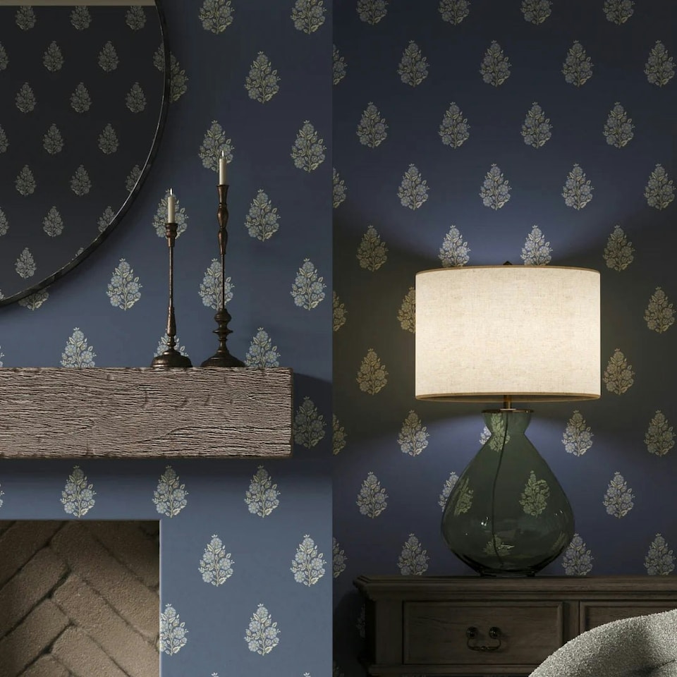 image 1 of Posy Wallpaper in Cream on Navy Multi