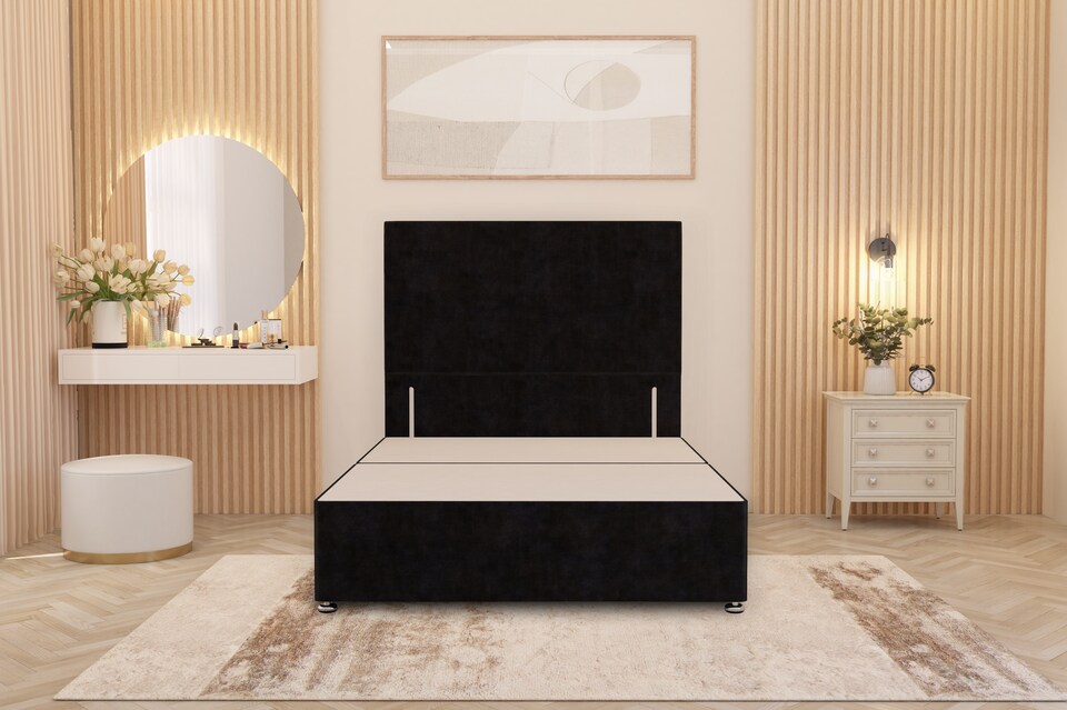 image 1 of Divan Bed Base with Plain Floor Standing Headboard Plush Velvet | Black | Black
