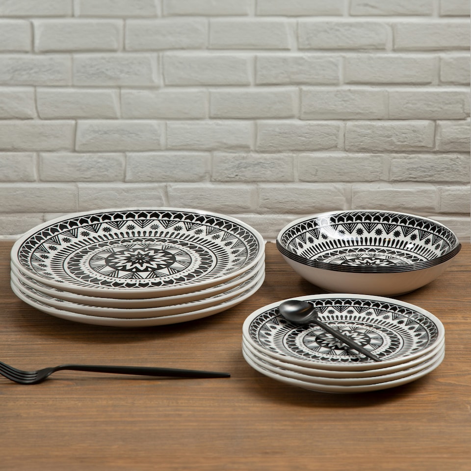 image 1 of Interiors by Premier 12 Piece Black and White Dinner Set, Bold Abstract Design White and Black Dinner Set, 12 Pc Dinnerware Set