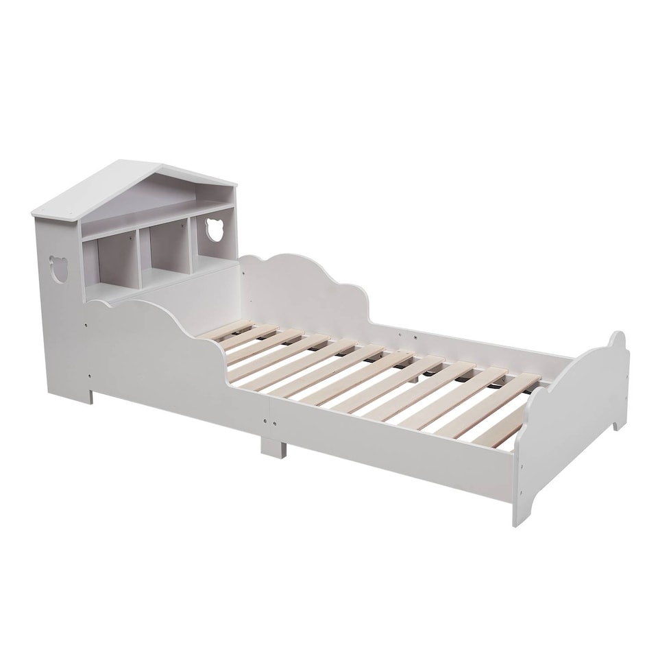 image 1 of TOTO Wooden Toddler Bed w/ Integrated Bookshelf Storage Junior Kids Frame - White