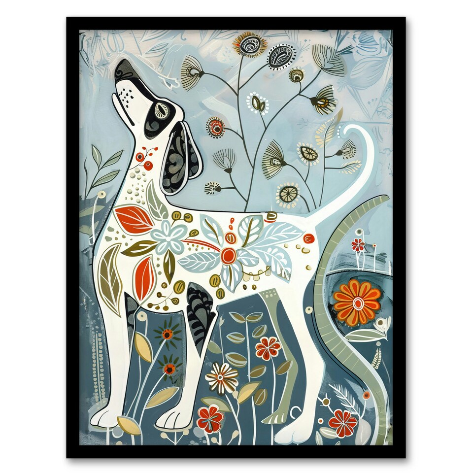 image 1 of Spring Flower Garden Dog Lover Fun Folk Art Black Framed Wall Art Print A4