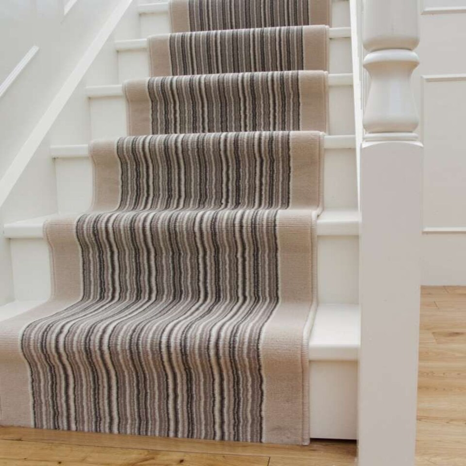 image 1 of KUKOON Beige Striped Cut to Measure Stair Carpet Runner Rug 70cm Wide 70cm x 1230cm
