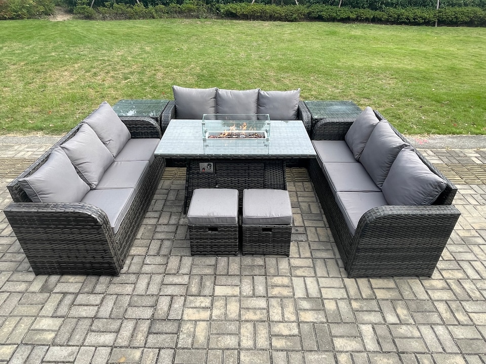 image 1 of Fimous Outdoor Rattan Furniture Garden Dining Set Gas Fire Pit Table With 2 Side Tables Lounge Sofa 2 Small Footstool