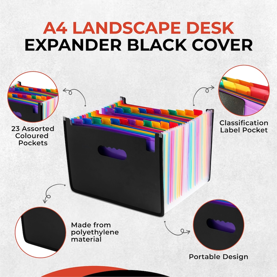 image 1 of A4 Landscape Desk Expander Black Cover with 23 Assorted Coloured Pockets