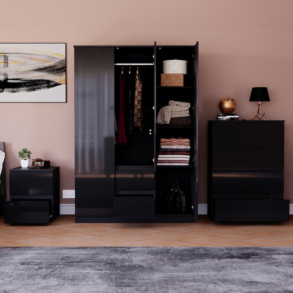 image 1 of Vida Designs Glinton 3 Piece FSC Certified Bedroom Set (2 Drawer Bedside Chest, 4 Drawer Chest, 3 Door 2 Drawer Wardrobe), Black | Black | Black | L | 3