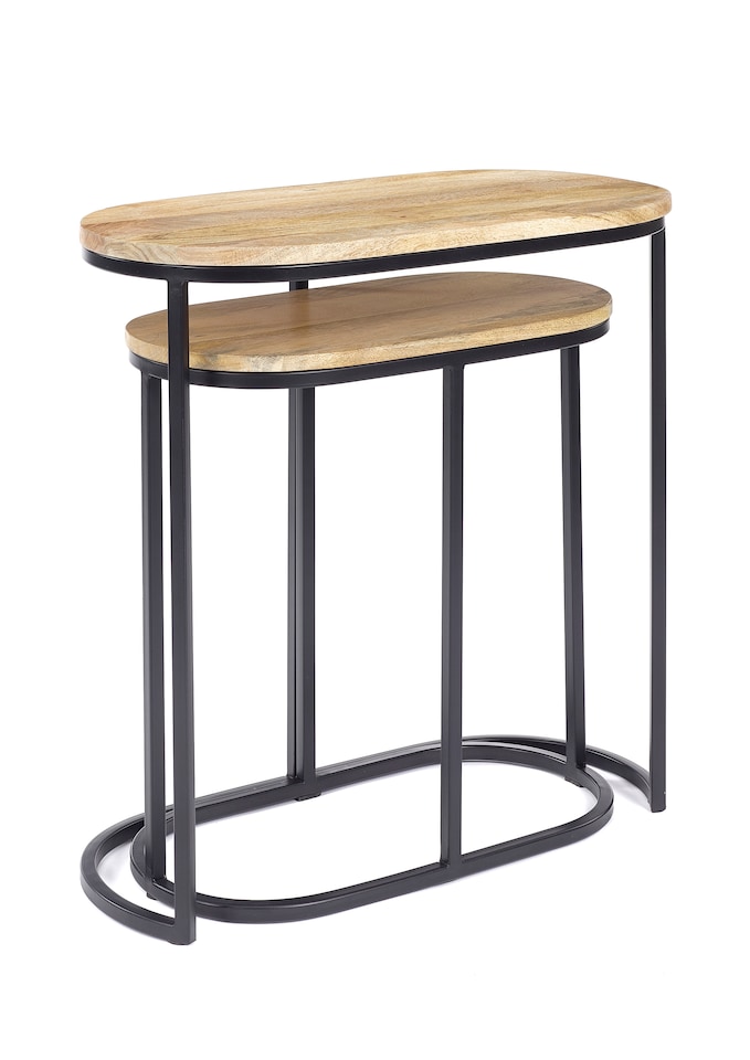 image 1 of Wooden Light Oak Finish Black Metal Oval Nest Of Two 2 Tables End Side Lamp H61 x W62 x D32cm