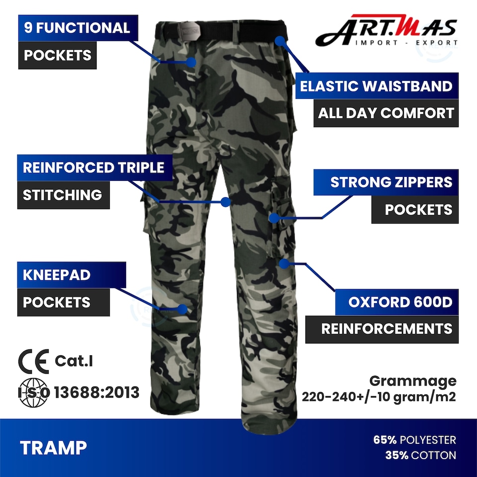 image 1 of Artmas Tramp Camouflage Work Trousers, 65% Polyester 35% Cotton, 220-240gsm (30/32 Inch - 48 EU)