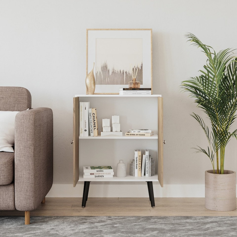 image 1 of White 60cm 2 Door Living Room Storage Cabinet w/ Shelf and Splayed Legs