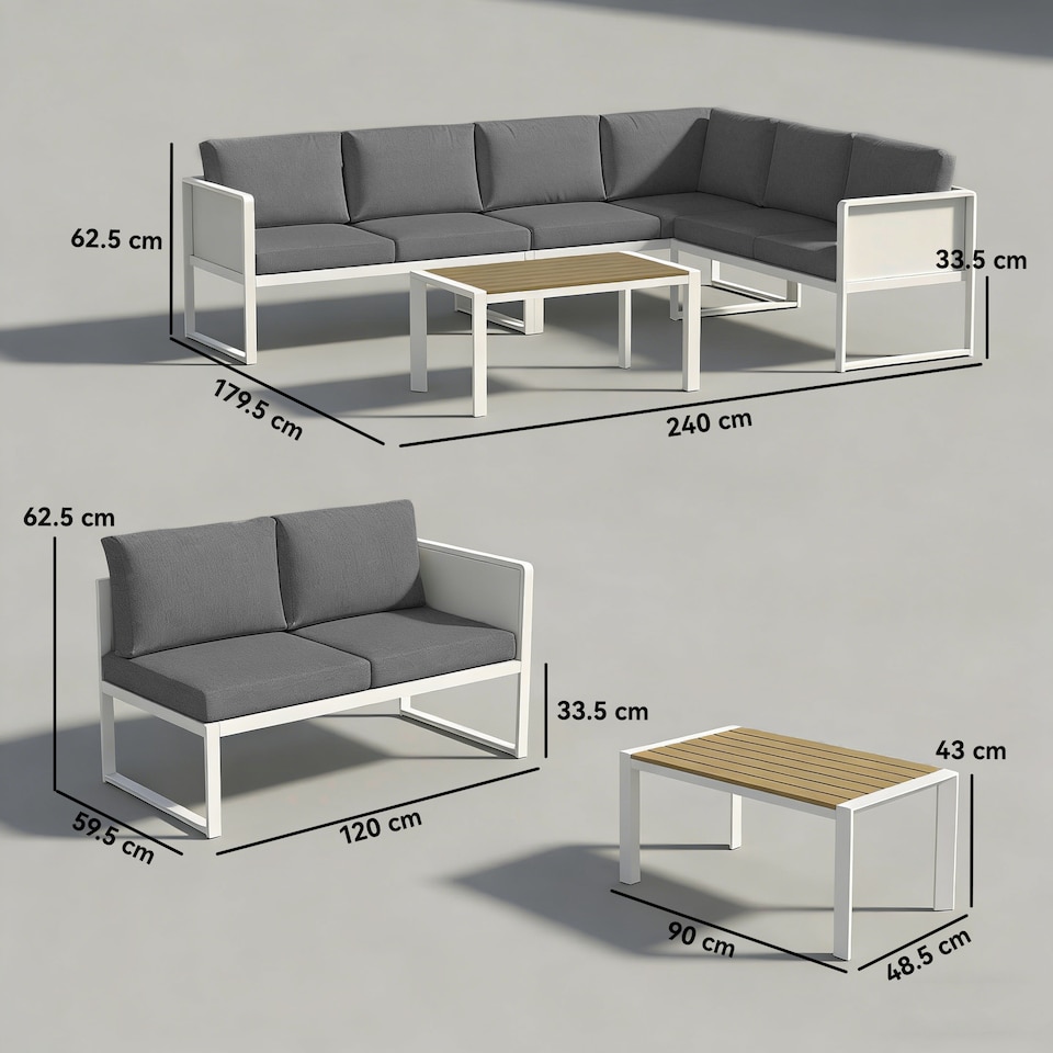 image 1 of Outsunny 6 Seater Metal Garden Furniture L Shaped Corner Sofa Set, White