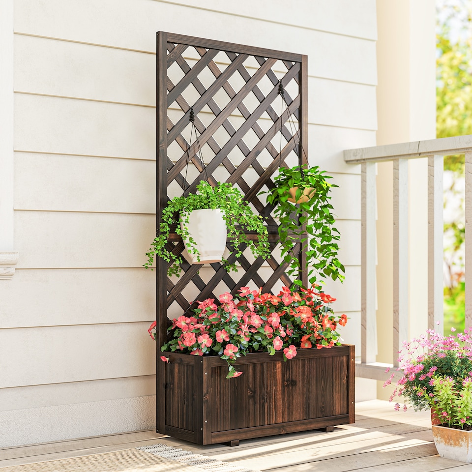 image 1 of Outsunny Flower Stand Plant Shelf Outdoor Pine  Trough Planter, Carbonised