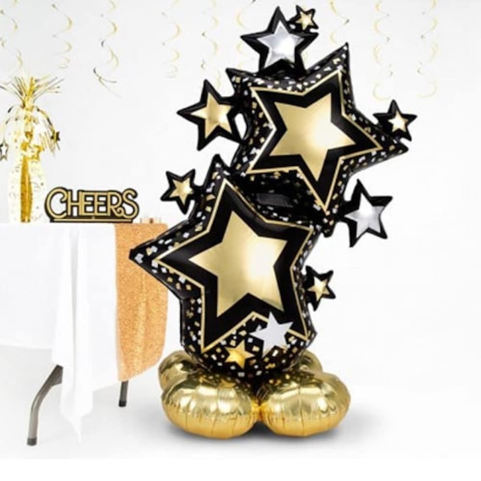 image 1 of Black & Gold Star Cluster Airloonz Air Fill Giant Foil Balloon 149cm / 59 in