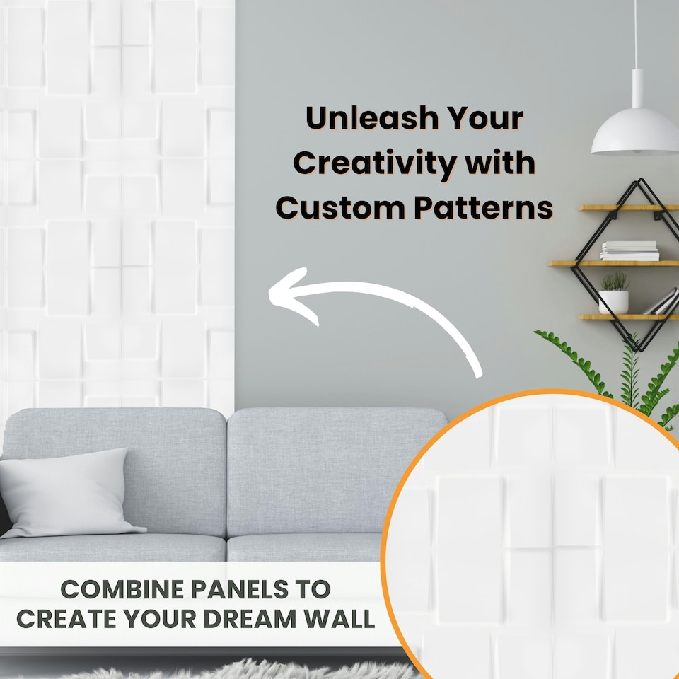 image 1 of NOVECRAFTO 3D Geometric Wall Panels – Matt White Squares Design – 6 PVC Sheets – 1.5m² (16.15sqft) – Interior Cladding Wall Tile Effect | White