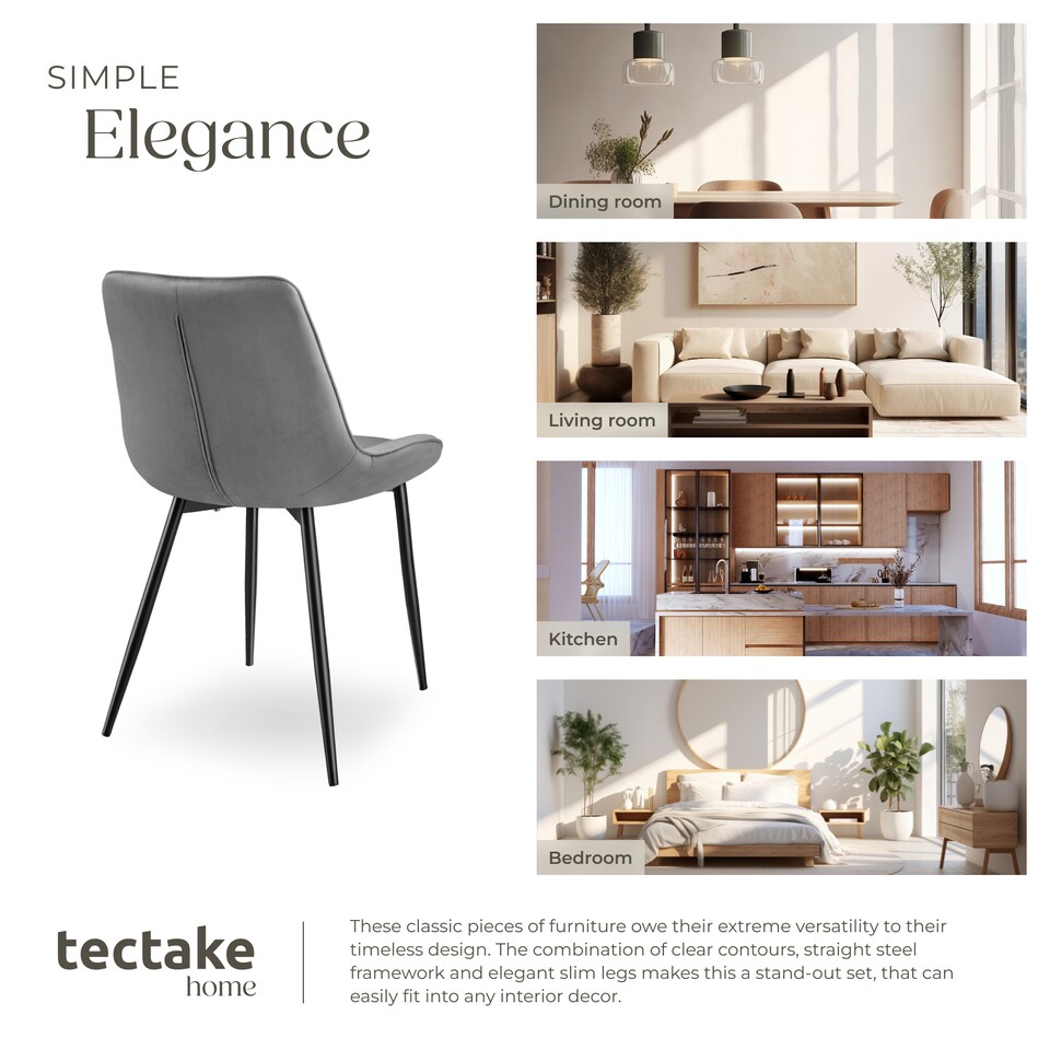 image 1 of Dining Chair Monroe - padded, velvet look, ergonomic seat, black steel legs | Grey | grey | 6