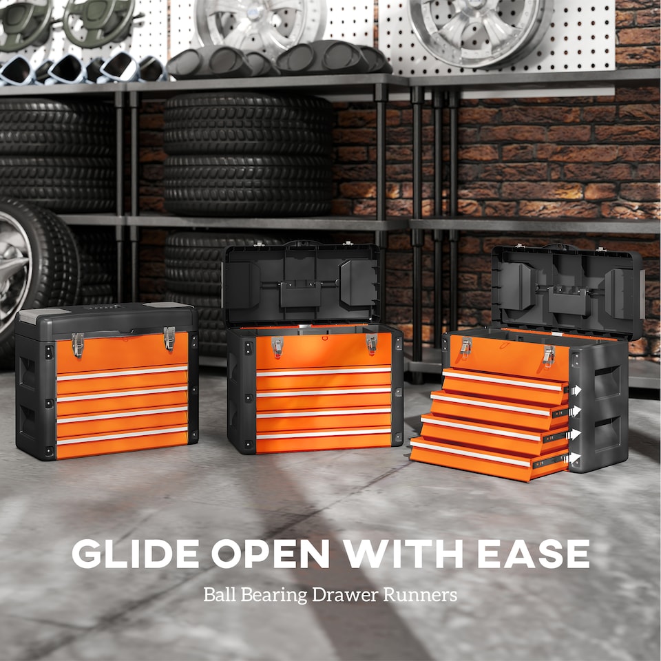 image 1 of HOMCOM 4 Drawers Large Tool Box, Powder Coated Steel Toolbowith Top Tray, Mini Parts Boxes, Ball Bearing Runners, Handle, Heavy Duty Tool Chest for Workshop, Garage, 497mm 253mm 407mm, Orange | Orange | Black | 1