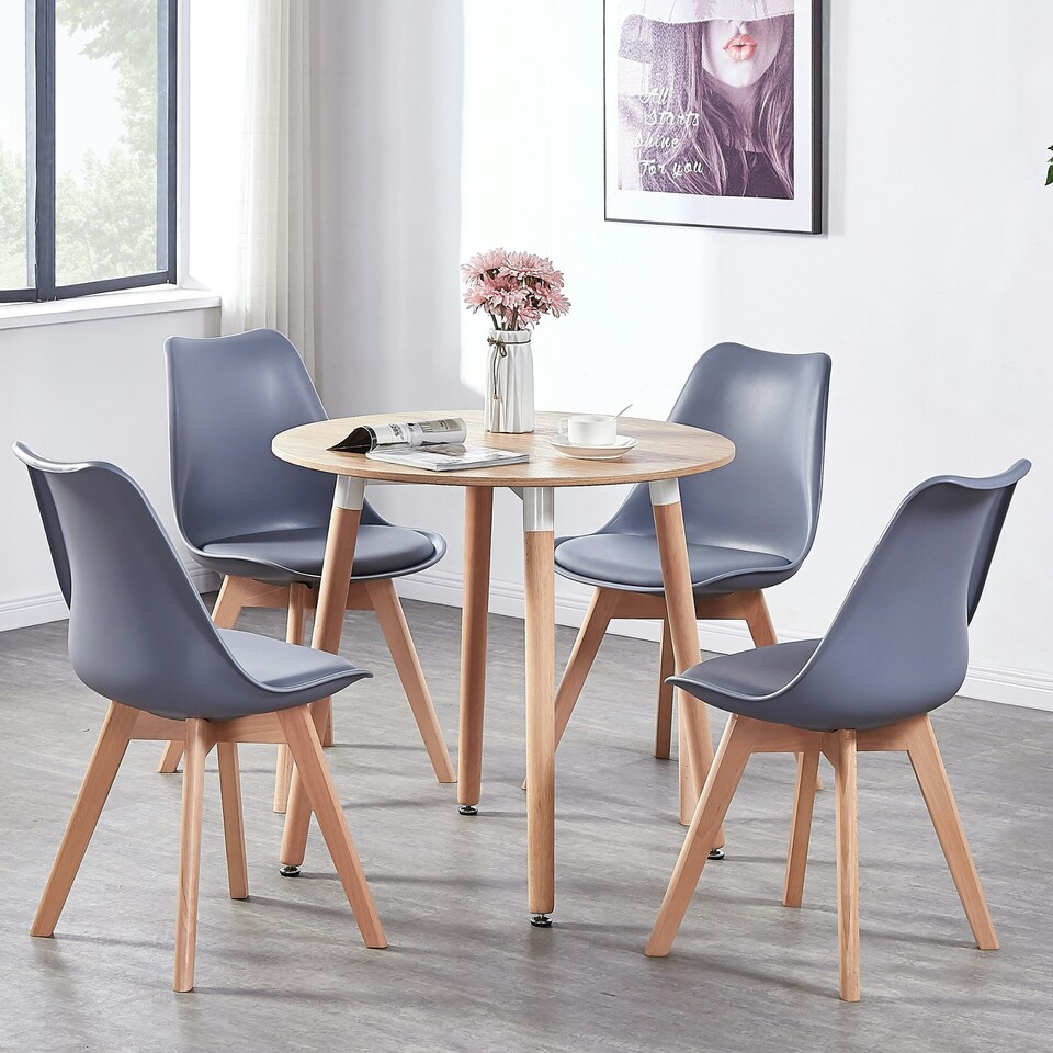 image 1 of Single Scandinavian Dining Chair with Leather Cushions Solid Wood Legs Grey