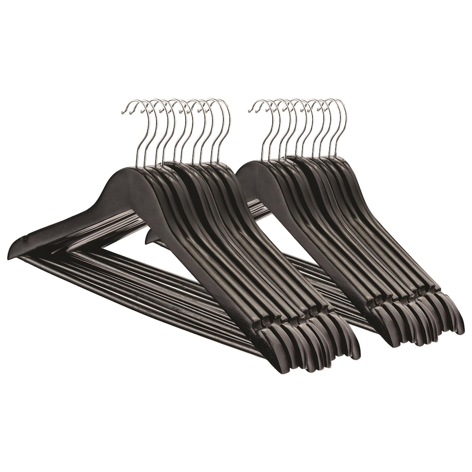 image 1 of Harbour Housewares Strong Wooden Coat Hangers with 360 Degree Rotatory Hook - Wood Clothes Hangers with Notches & Bar | Black | Black | 20