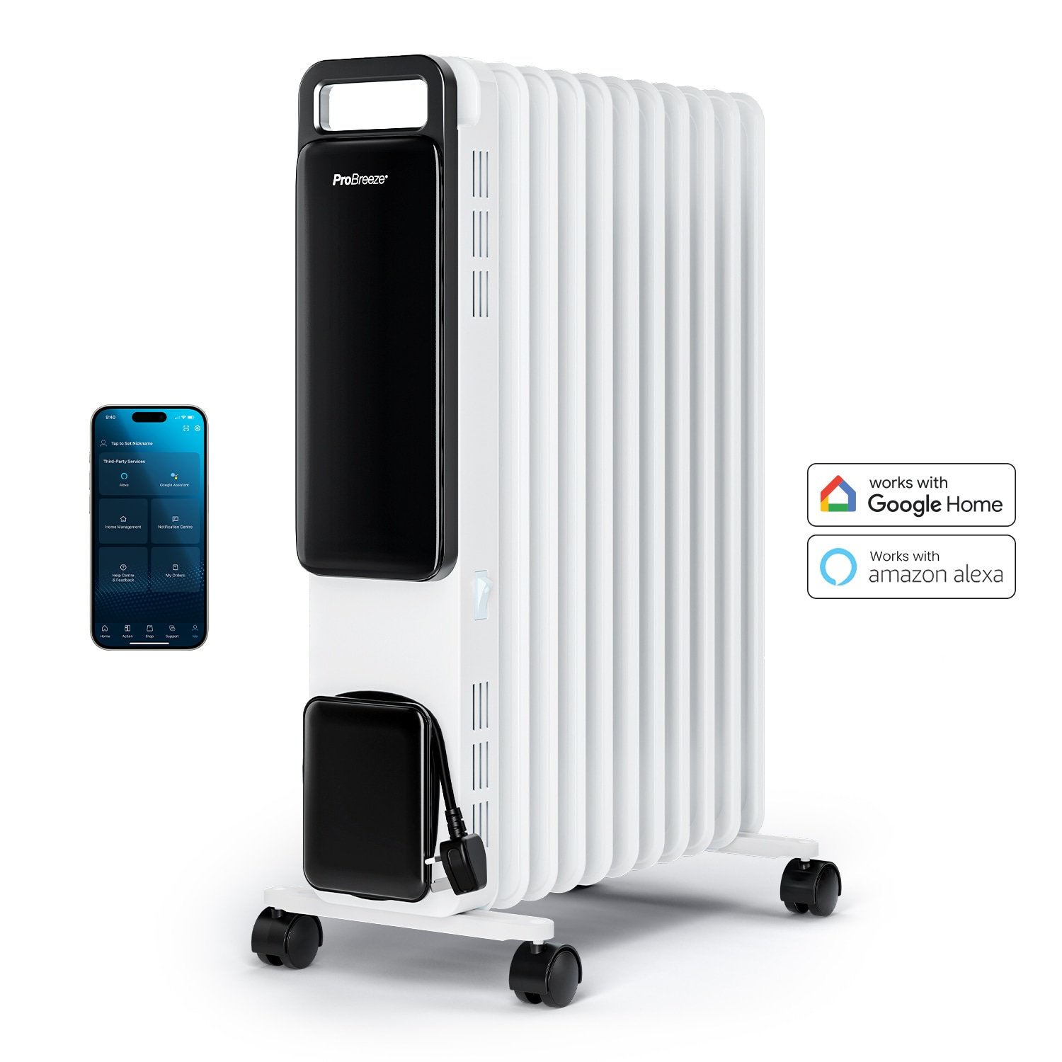 Pro Breeze 2500W 11 Fin Oil Filled Radiator with Digital Display and Smart App Control White