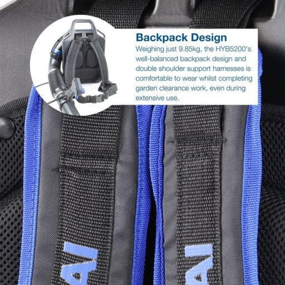 image 1 of Hyundai 52cc Backpack Petrol Leaf Blower, 170mph Air Speed, 2-Stroke HYB5200