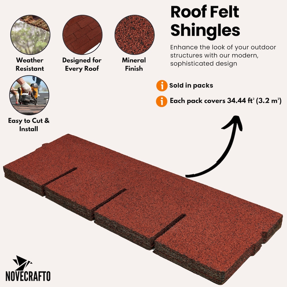 image 1 of Bitumen Roof Felt Shingles (3.2 sqm), Asphalt Roof Shingles - Weather Resistant Roofing Tiles 20 pcs