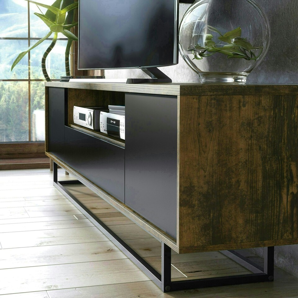 image 1 of TV Unit 200cm Rustic Industrial Oak with Black Doors and Metal Frame | Brown | Black | One Size | 1