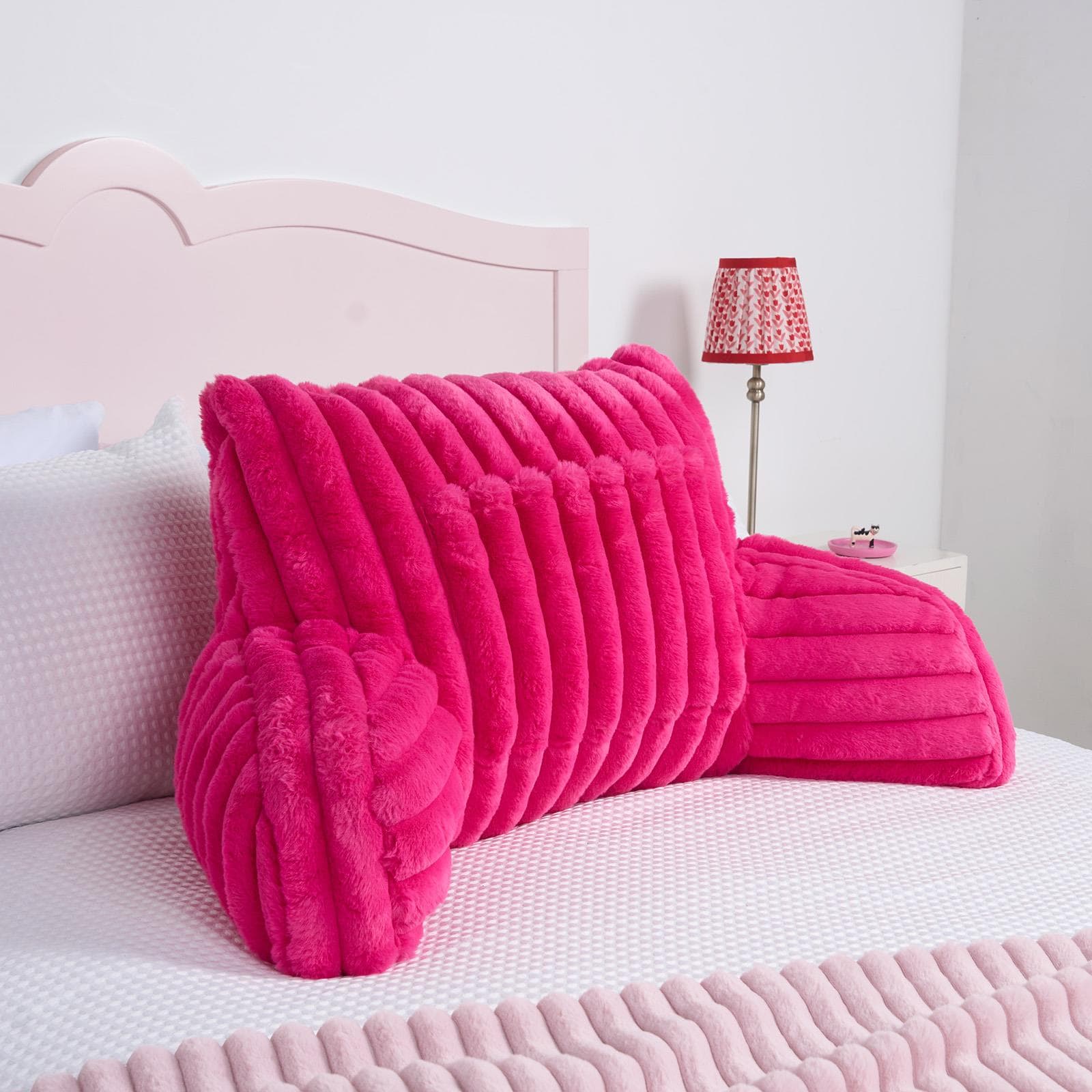 OHS Faux Fur Ribbed Reading Pillow Super Soft Heatable Cuddle Cushion | Pink