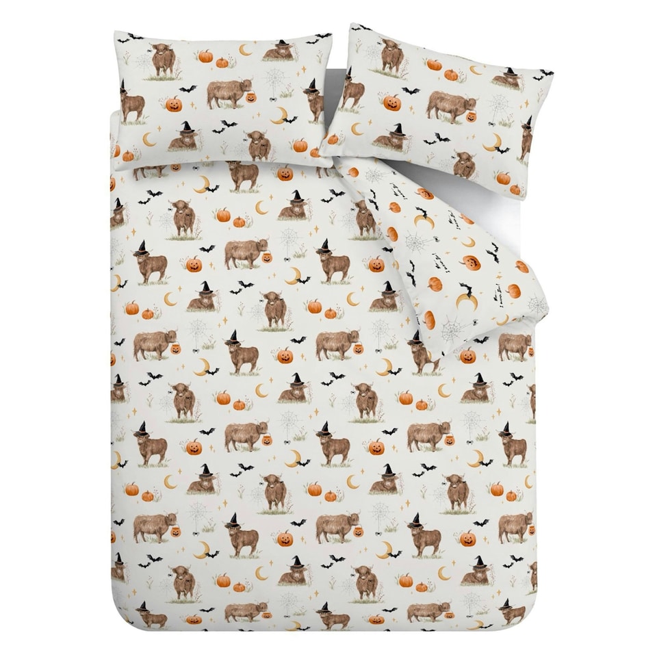 image 1 of Catherine Lansfield Halloween Highland Cow Reversible Duvet Cover Set Natural Cream | Natural | Double
