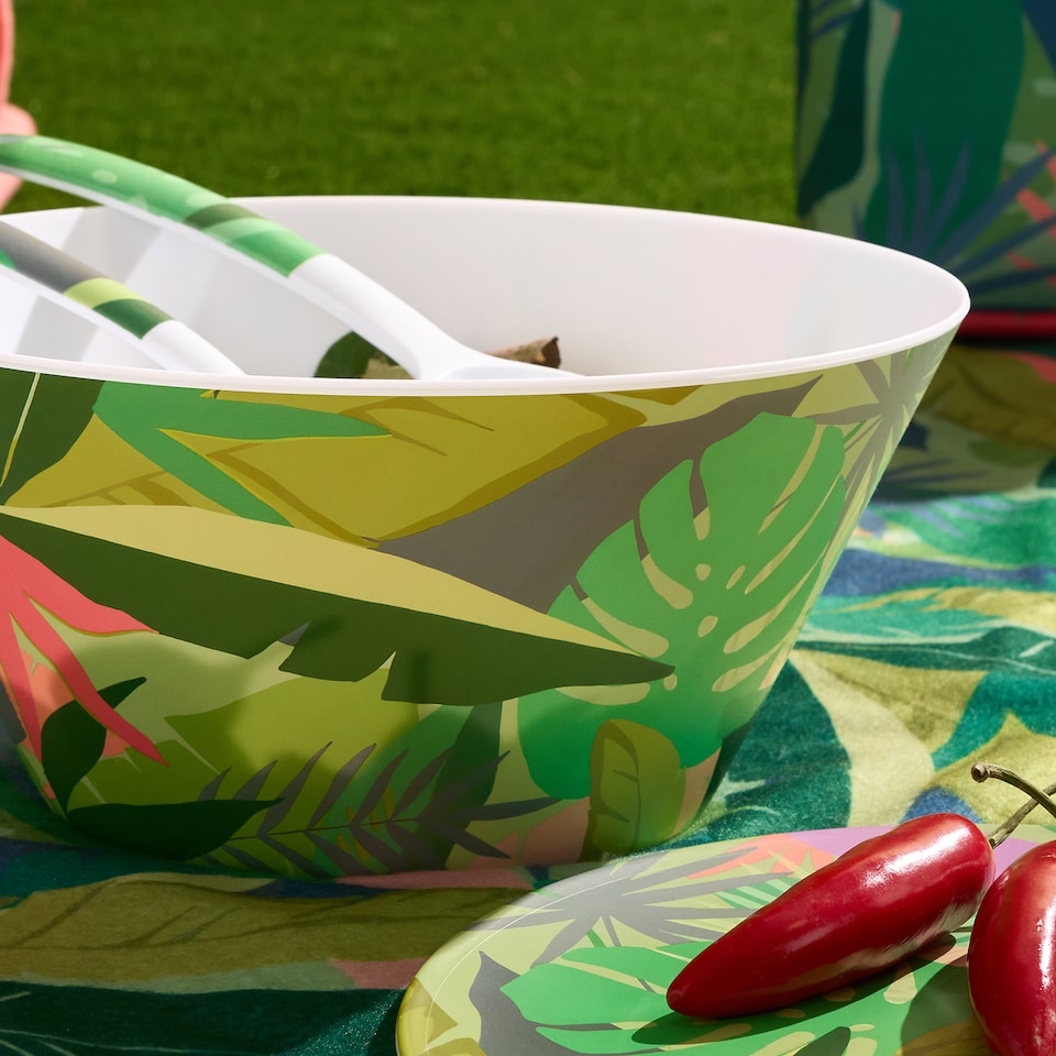 image 1 of OHS Summer Print Plastic Picnic Salad Bowl Utensil Set Lightweight | Green | Colourful Palm