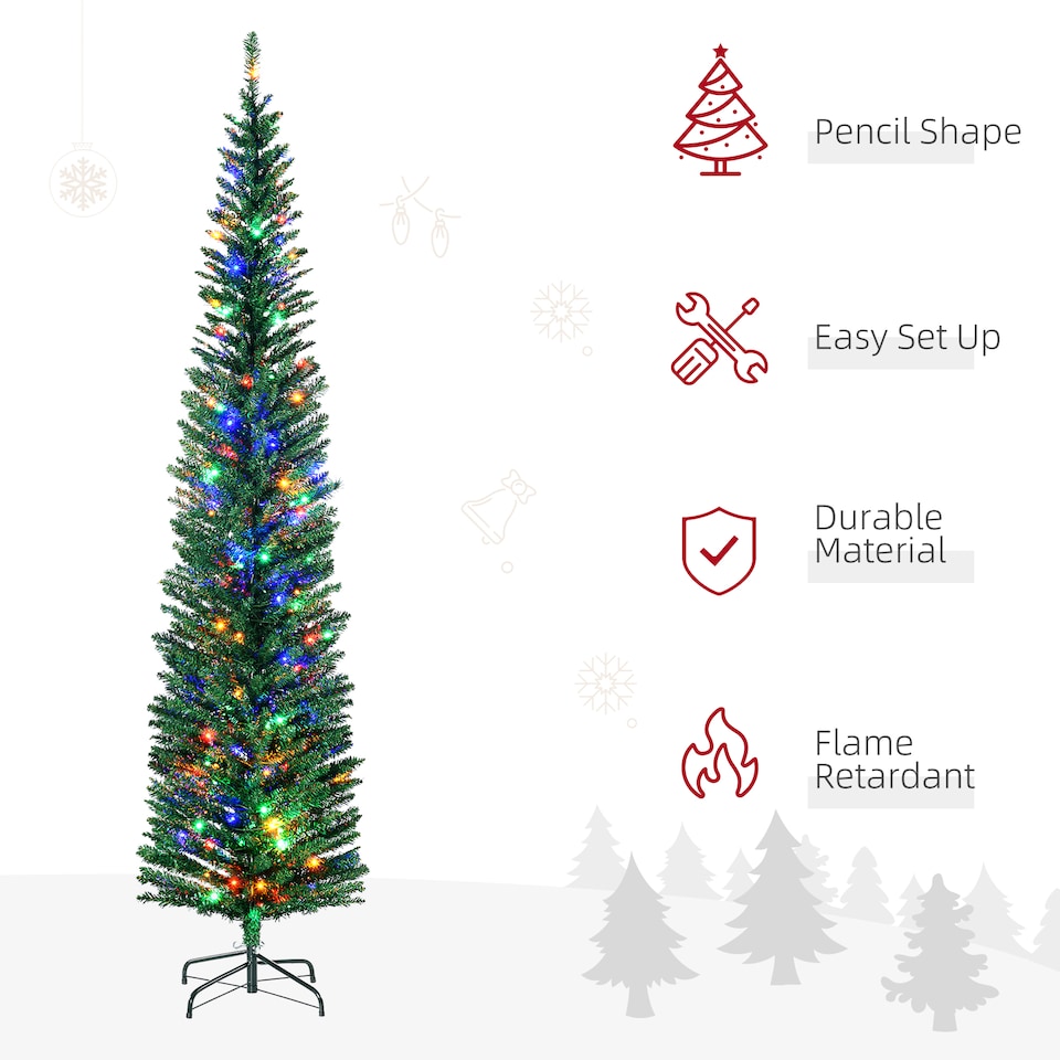 image 1 of HOMCOM 7.5ft Prelit Pencli Artificial Christmas Tree, Slim Xmas Tree with 200 Colourful LED Lights, Steel Base  Green