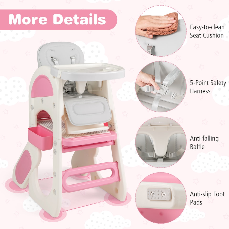 image 1 of COSTWAY Convertible Baby High Chair Baby Feeding Chair With Double-layer Tray-Pink