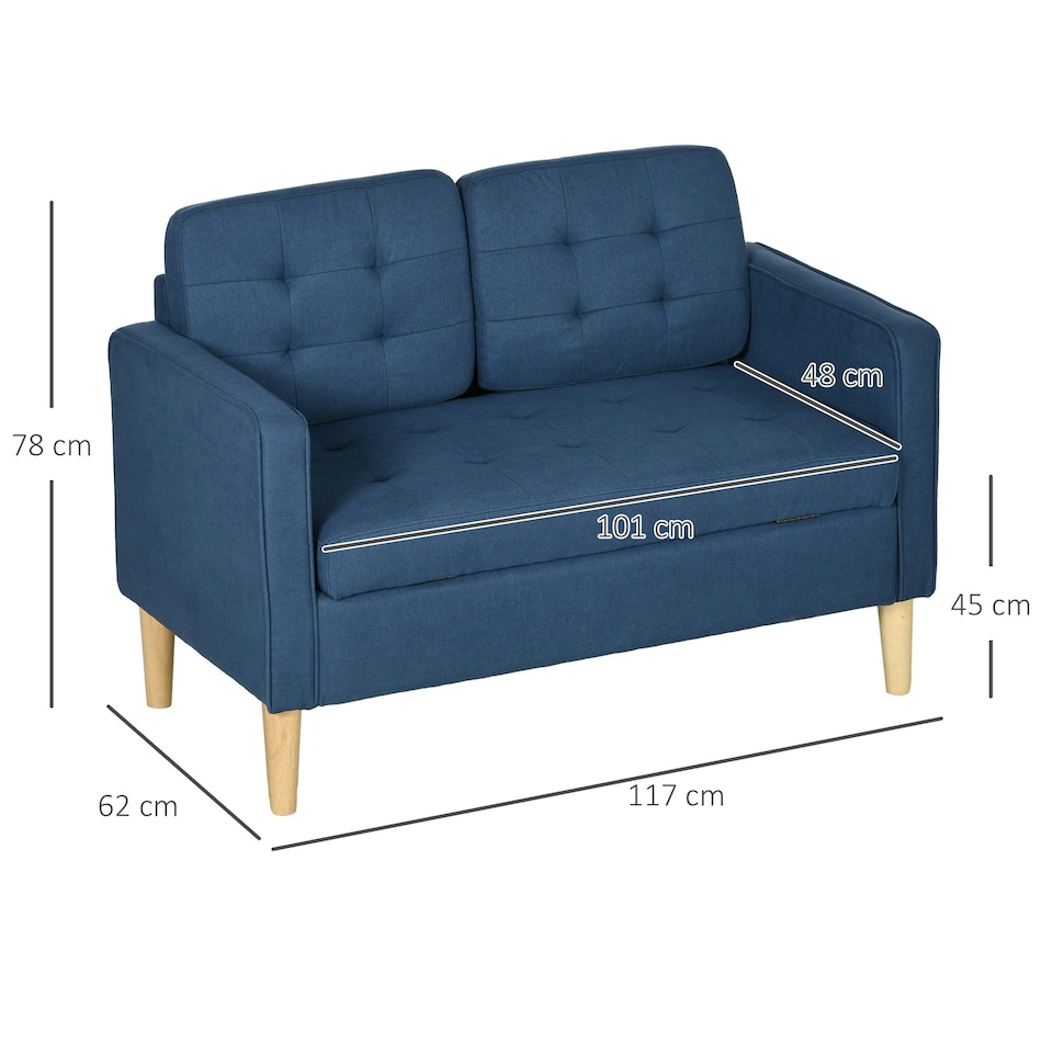 image 1 of HOMCOM Compact Loveseat Sofa 2 Seater Sofa with Storage and Wood Legs Blue