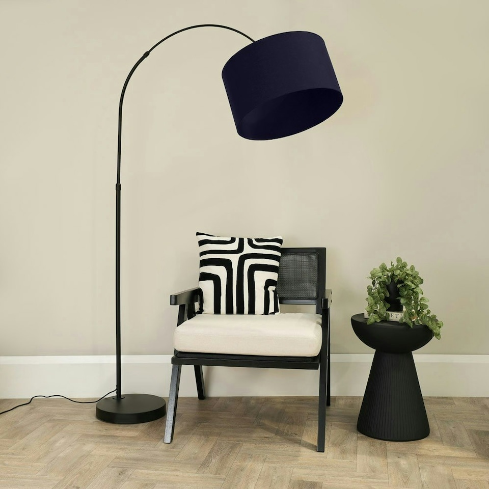 image 1 of ValueLights Louis Black Arched Curved Floor Lamp Navy Blue Shade and Bulb