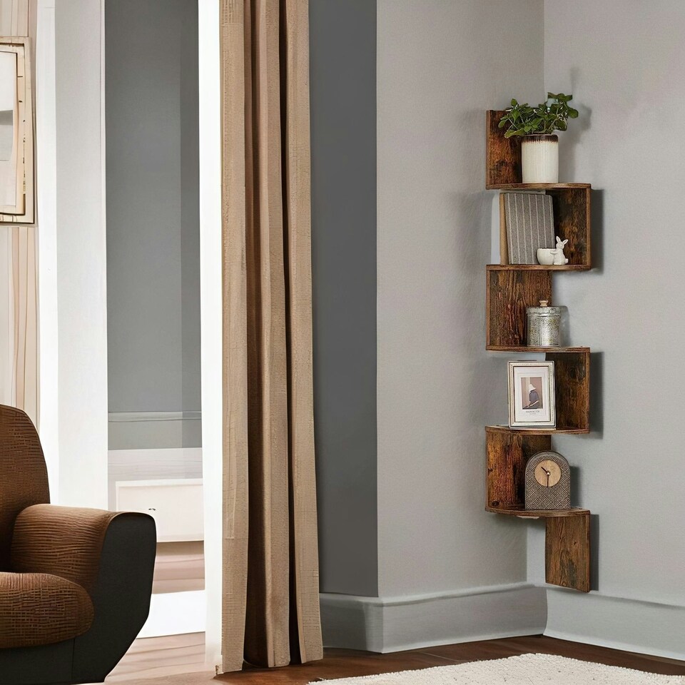 image 1 of 5 Tier Wall Mounted Floating Corner Shelf Rustic Brown Brown | One Size