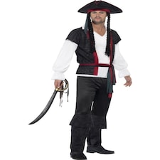 Aye Aye Pirate Captain Costume - Black - with Top - Trousers - Tie & Hat with Hair - 45492M M