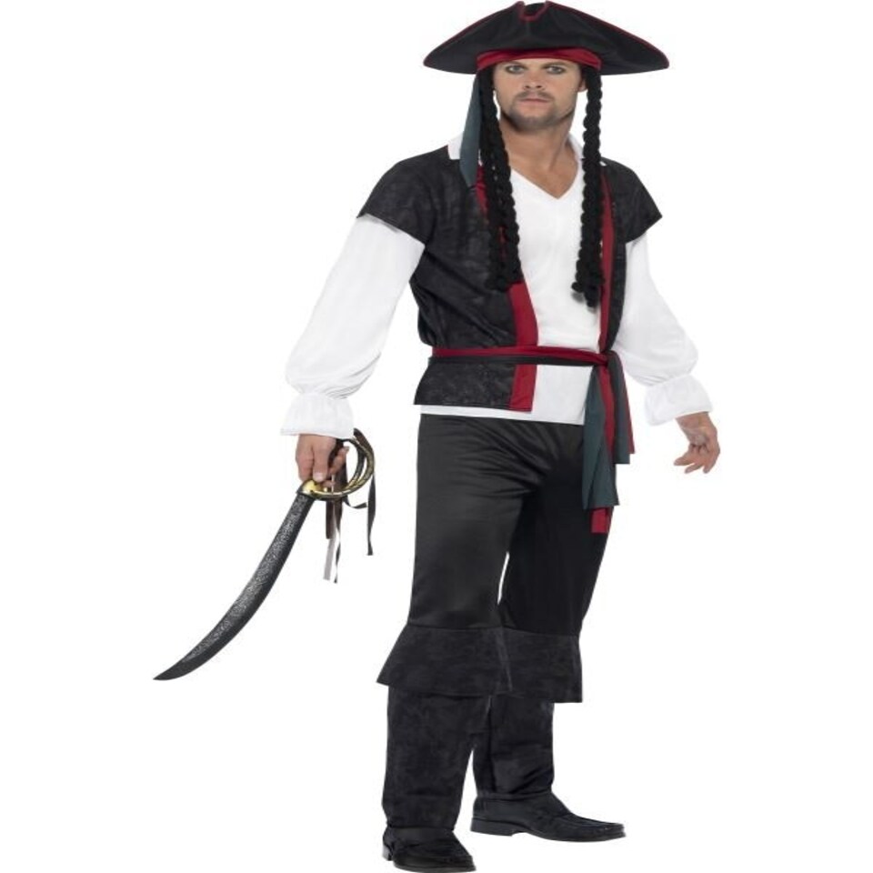 Aye Aye Pirate Captain Costume - Black - with Top - Trousers - Tie & Hat with Hair - 45492M M