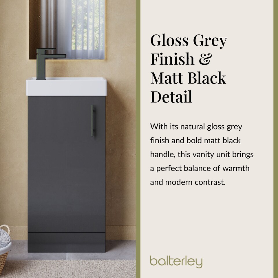 image 1 of Balterley Floor Standing Vanity Basin 400mm Gloss Grey & Matt Black Handle